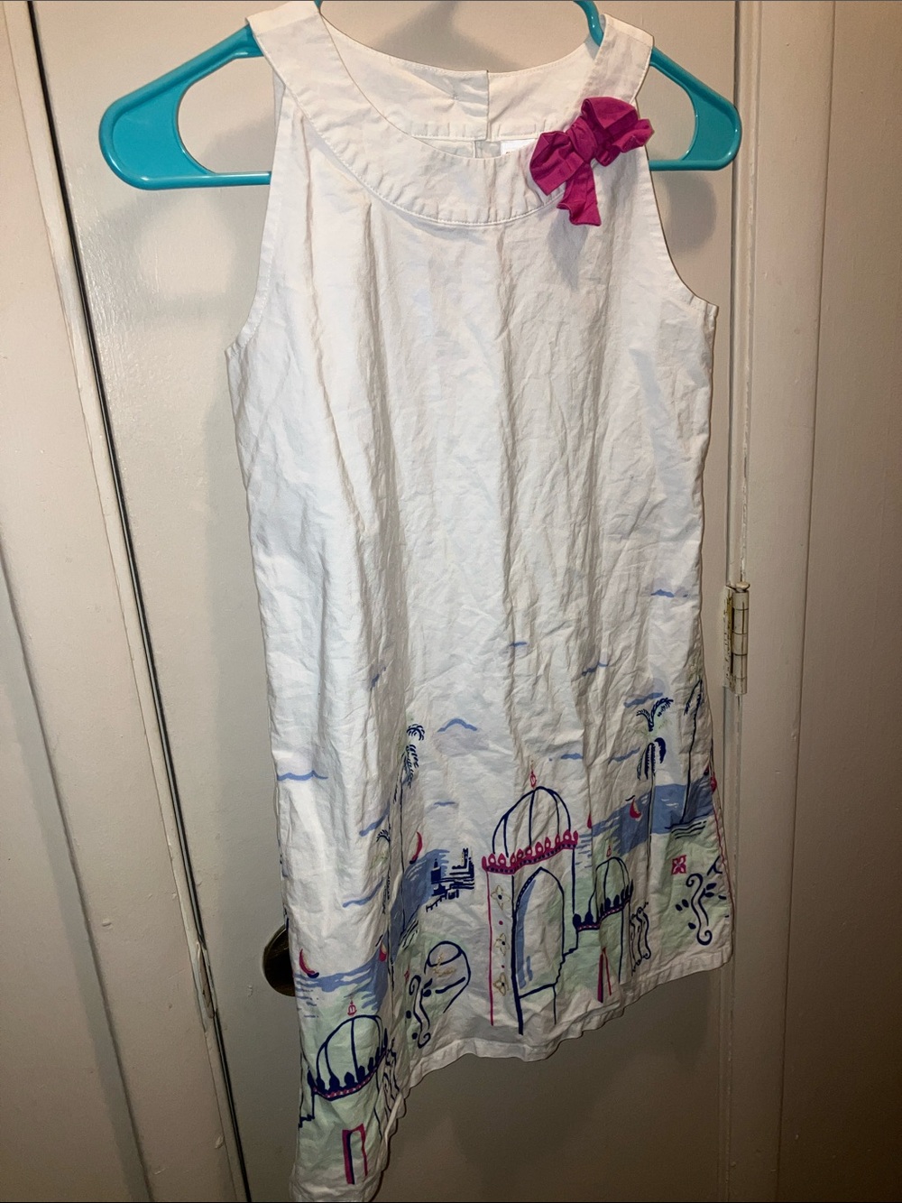 Gymboree White Sundress with Pink Bow and Blue Embroidery